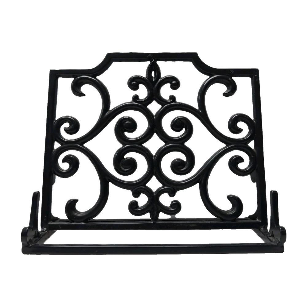 Cast Iron Cookbook Stand Black Fleur De‎ Lis Scroll Vtg Style Recipe Book Holder